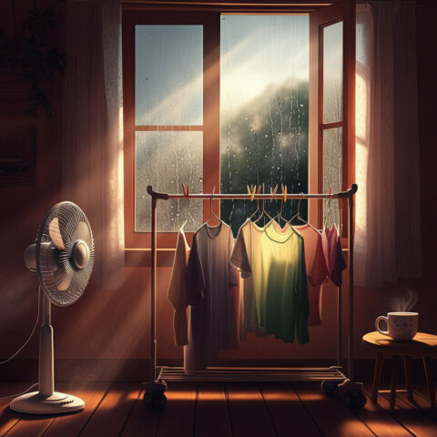 wet clothes on a stand with a pedestrian fan