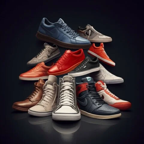 different shapes and colors of shoes on top of each other