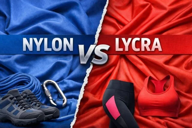 blue nylon fabric with shoes and red lycra fabric with inner wear
